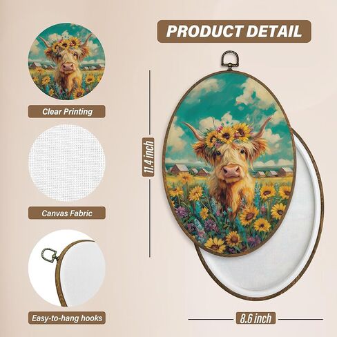 XBBMGG Highland Cow Sunflower Wall Art Decor, Rustic Farm Cow Floral Oval Wall Hanging Decor, Farmhouse Country Animal Framed Canvas Prints for Home Living Room Bedroom Decorations, 8.6x11.4inch in Kuwait