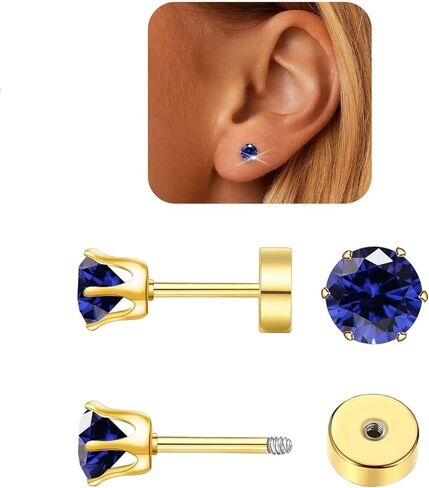 Hypoallergenic Birthstone Stud Earrings for Women Brilliant Cut Round Cubic Zirconia Flat Back Earrings Surgical Steel Cartilage Earrings for Sensitive Ears (Silver, Sep Sapphire) in Kuwait