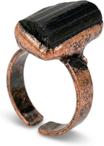 Tourmaline Ring, Adjustable Open Natural Gemstone Rings for Women, Vintage Bronze Black Stone Rings Handmade Jewelry in Saudi Arabia