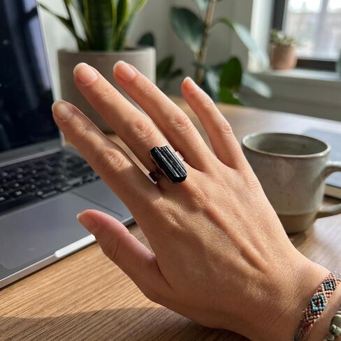 Tourmaline Ring, Adjustable Open Natural Gemstone Rings for Women, Vintage Bronze Black Stone Rings Handmade Jewelry in Saudi Arabia