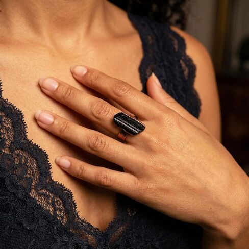 Tourmaline Ring, Adjustable Open Natural Gemstone Rings for Women, Vintage Bronze Black Stone Rings Handmade Jewelry in Saudi Arabia