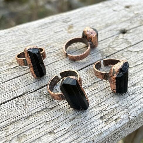 Tourmaline Ring, Adjustable Open Natural Gemstone Rings for Women, Vintage Bronze Black Stone Rings Handmade Jewelry in Saudi Arabia
