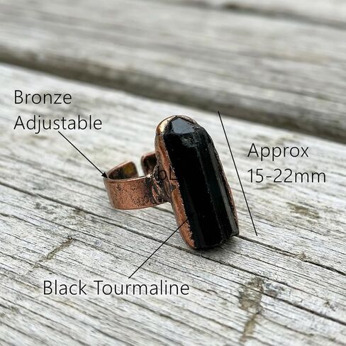 Tourmaline Ring, Adjustable Open Natural Gemstone Rings for Women, Vintage Bronze Black Stone Rings Handmade Jewelry in Saudi Arabia