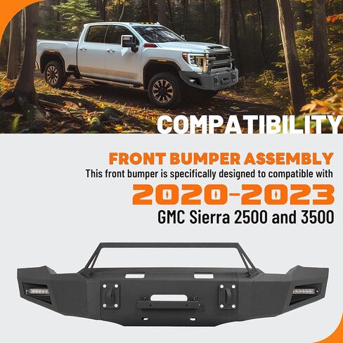 KUAFU Front Bumper Assembly Compatible with 2020-2023 GMC Sierra 2500 3500 Models w/LED Light&D-ring Hole &Winch Steel Powder Coated Black Three Pieces 2Packages in Saudi Arabia