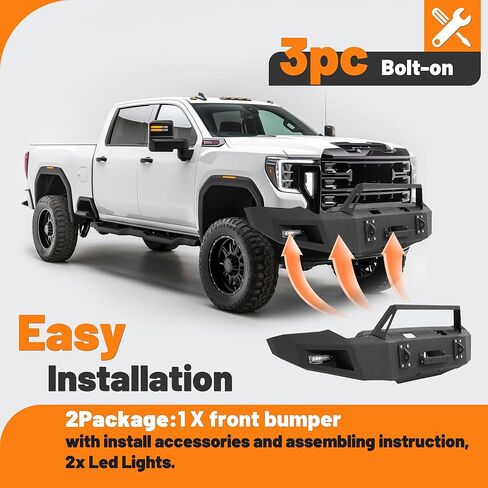 KUAFU Front Bumper Assembly Compatible with 2020-2023 GMC Sierra 2500 3500 Models w/LED Light&D-ring Hole &Winch Steel Powder Coated Black Three Pieces 2Packages in Saudi Arabia