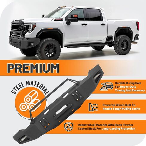 KUAFU Front Bumper Assembly Compatible with 2020-2023 GMC Sierra 2500 3500 Models w/LED Light&D-ring Hole &Winch Steel Powder Coated Black Three Pieces 2Packages in Saudi Arabia