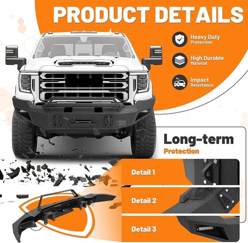 KUAFU Front Bumper Assembly Compatible with 2020-2023 GMC Sierra 2500 3500 Models w/LED Light&D-ring Hole &Winch Steel Powder Coated Black Three Pieces 2Packages in Saudi Arabia