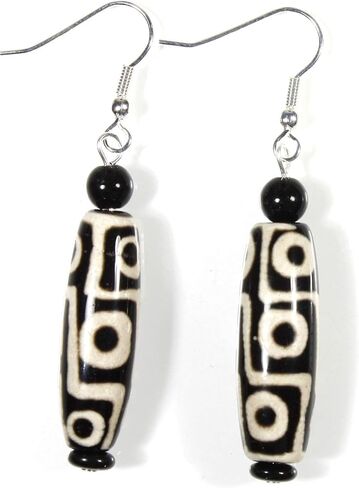 "Take Me to Lhasa", Tibetan Agate (dyed) Dzi Bead Earrings, Black and White in Kuwait