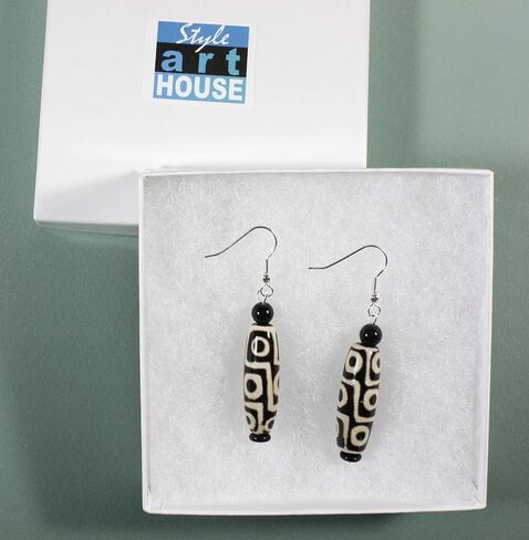 "Take Me to Lhasa", Tibetan Agate (dyed) Dzi Bead Earrings, Black and White in Kuwait