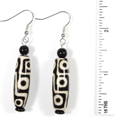 "Take Me to Lhasa", Tibetan Agate (dyed) Dzi Bead Earrings, Black and White in Kuwait