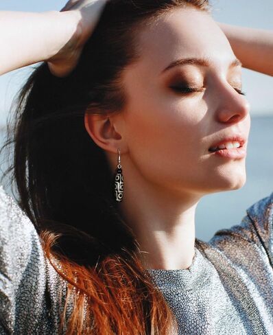 "Take Me to Lhasa", Tibetan Agate (dyed) Dzi Bead Earrings, Black and White in Kuwait