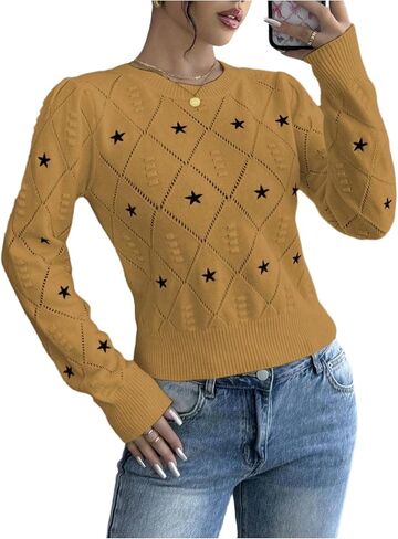 Women's Y2k Star Print Crochet Knit Crewneck Sweater Hollow Out Long Sleeve Pullover Knit Top in Saudi Arabia