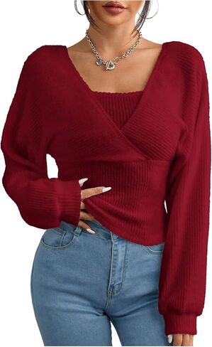 Verdusa Women's 2 in 1 Cold Shoulder Fall Cozy Sweaters Dressy Casual Trendy Pullover Knit Wrap Tops in Saudi Arabia