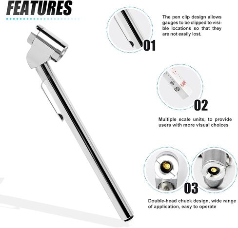 MEANLIN MEASURE 10Pcs Silver Double Straight Type Tire Pressure Gauge，Dual Head Air Pressure Gauge with 10Pcs Black Stem Caps，Pressure Range 10-120 Psi(Suitable for Trucks, etc. in Kuwait