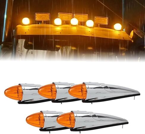 5PCS 17 LED Amber Torpedo Cab Marker Roof Running Top Lights Chrome Assembly for Peterbilt Kenworth Freightliner International Mack Trucks, 12V Waterproof Roof Clearance Lights in Kuwait