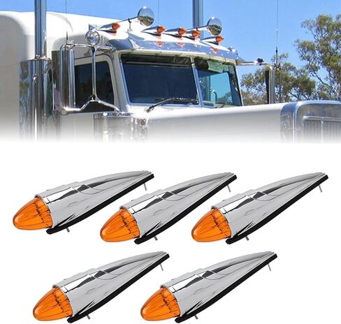 5PCS 17 LED Amber Torpedo Cab Marker Roof Running Top Lights Chrome Assembly for Peterbilt Kenworth Freightliner International Mack Trucks, 12V Waterproof Roof Clearance Lights in Kuwait