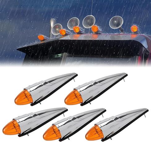 5PCS 17 LED Amber Torpedo Cab Marker Roof Running Top Lights Chrome Assembly for Peterbilt Kenworth Freightliner International Mack Trucks, 12V Waterproof Roof Clearance Lights in Kuwait
