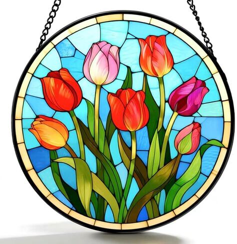 توليب الزجاج الملون نمط Suncatcher نافذة مستديرة معلقة الملونة زهرة التوليب الشمس الماسك لوحة النافذة الزخرفية للمنزل حديقة ديكور الربيع زهرة نافذة زخرفة هدية للنساء Mom6.3Inch in Saudi Arabia