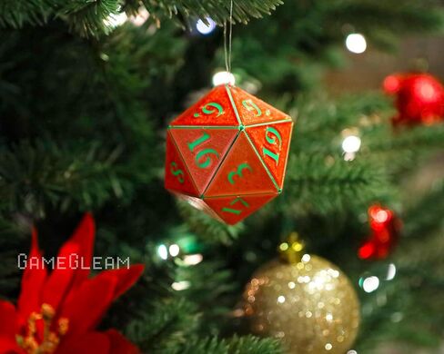 D20 Ornament [Silk Red and Green Holographic, 2"] - Hanging DND Charm Dangler Dodecahedron - A Magical Christmas Tree Holiday Season Gift for him or her - GameGleam in Saudi Arabia
