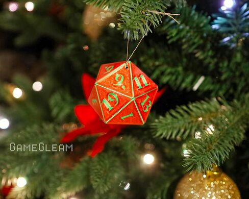 D20 Ornament [Silk Red and Green Holographic, 2"] - Hanging DND Charm Dangler Dodecahedron - A Magical Christmas Tree Holiday Season Gift for him or her - GameGleam in Saudi Arabia