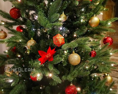 D20 Ornament [Silk Red and Green Holographic, 2"] - Hanging DND Charm Dangler Dodecahedron - A Magical Christmas Tree Holiday Season Gift for him or her - GameGleam in Saudi Arabia
