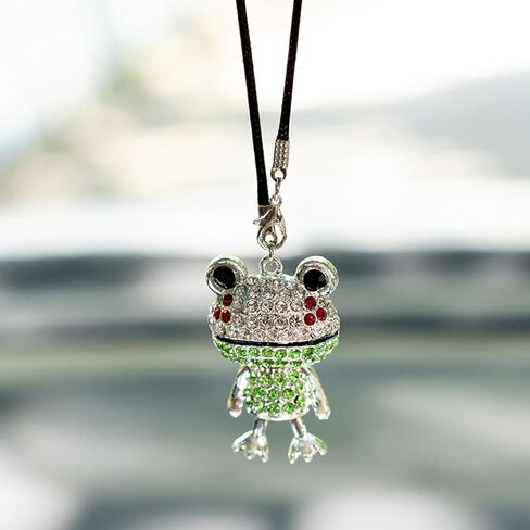 زينة معلقة للسيارة من Bling Frog Diamond، حلية معلقة على شكل ضفدع من حجر الراين الكريستالي ومرآة الرؤية الخلفية (أخضر) in Kuwait