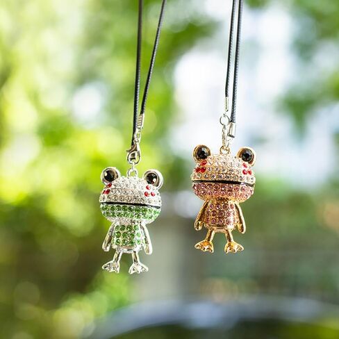 زينة معلقة للسيارة من Bling Frog Diamond، حلية معلقة على شكل ضفدع من حجر الراين الكريستالي ومرآة الرؤية الخلفية (أخضر) in Kuwait