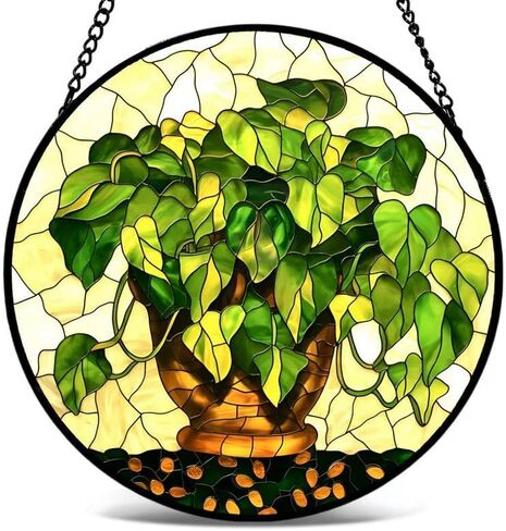 Plant Stained Glass Style Suncatcher Round Window Hanging Green Botanical Sun Catcher Decorative Window Panel for Home Garden Decor Potted Plant Window Ornament Gift for Plant Lovers6.3 Inch in Saudi Arabia