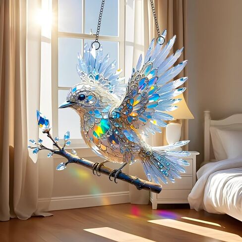 1PC Crystal Bird Acrylic Suncatcher Hanging, 7.08 inch Window Ornament Decor with Printed Stained Glass Style Design, Rainbow Maker Wall Art, Gift Idea & Garden Ornament Indoor Outdoor Use/DW-31 in Saudi Arabia