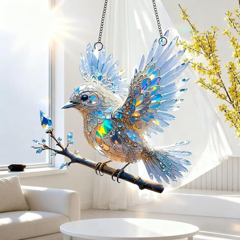 1PC Crystal Bird Acrylic Suncatcher Hanging, 7.08 inch Window Ornament Decor with Printed Stained Glass Style Design, Rainbow Maker Wall Art, Gift Idea & Garden Ornament Indoor Outdoor Use/DW-31 in Saudi Arabia