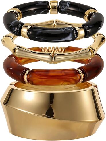 JATEBI 4 Pcs Chunky Acrylic Bangle Bracelets for Women Colorful Resin Bracelet Open Golden Wide Wrist Trendy Stackable Cuff Jewelry in Kuwait