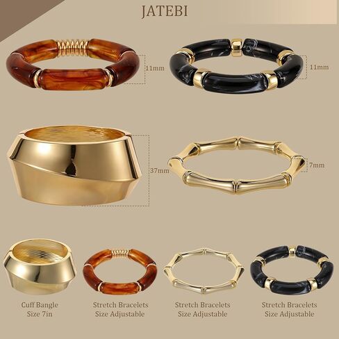 JATEBI 4 Pcs Chunky Acrylic Bangle Bracelets for Women Colorful Resin Bracelet Open Golden Wide Wrist Trendy Stackable Cuff Jewelry in Kuwait