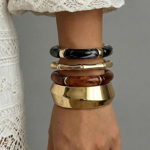 JATEBI 4 Pcs Chunky Acrylic Bangle Bracelets for Women Colorful Resin Bracelet Open Golden Wide Wrist Trendy Stackable Cuff Jewelry in Kuwait