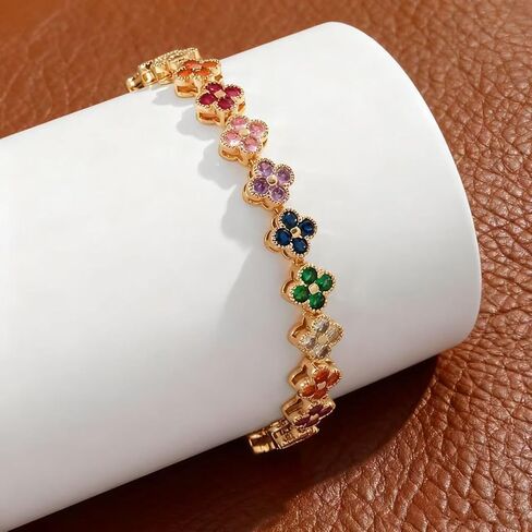PHOENIX NEST18K gold-plated double-sided women's adjustable clover lucky bracelet set for women, white/black/red/green/red/orange/yellow/blue/indigo/purple flower lucky four leaf bracelet, charming and fashionable jewelry giftBanquet/Christmas Gift in Kuwait