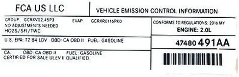 Mopar 47480491AA LABEL VEHICLE EMISSION CONTROL IN in Saudi Arabia