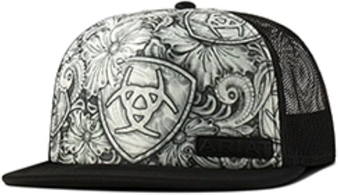 ARIAT Men's Trucker Cap with Sketched Tattoo Print and Shield Patch (Black/White) in Saudi Arabia