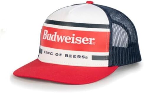 قبعة Budweiser King of Beers Trucker، قبعة Snapback شبكية حمراء وبحرية، لوحة أمامية بيضاء in Kuwait