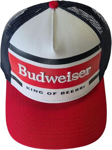 قبعة Budweiser King of Beers Trucker، قبعة Snapback شبكية حمراء وبحرية، لوحة أمامية بيضاء in Kuwait