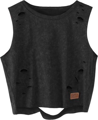 Hilinker Women's Distressed Crop Tank Tops Washed Ripped Loose Sleeveless Vintage Tees in Saudi Arabia