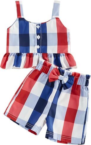 4th Of July Little Girl Outfit Stars/Striped Print Sleeveless Spaghetti Strap Ruffle Button Up Tops Bow Shorts Set in Saudi Arabia