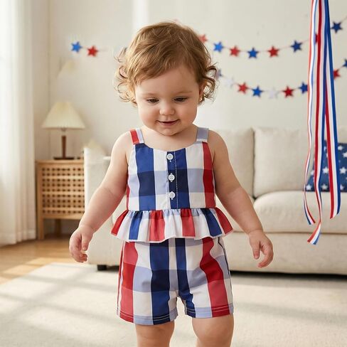 4th Of July Little Girl Outfit Stars/Striped Print Sleeveless Spaghetti Strap Ruffle Button Up Tops Bow Shorts Set in Saudi Arabia