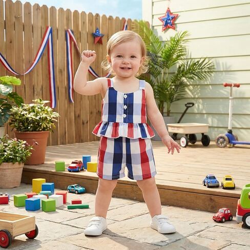 4th Of July Little Girl Outfit Stars/Striped Print Sleeveless Spaghetti Strap Ruffle Button Up Tops Bow Shorts Set in Saudi Arabia