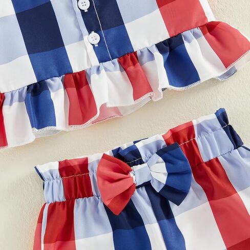 4th Of July Little Girl Outfit Stars/Striped Print Sleeveless Spaghetti Strap Ruffle Button Up Tops Bow Shorts Set in Saudi Arabia
