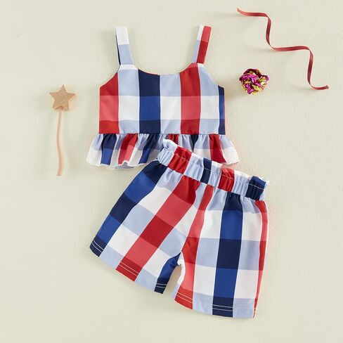 4th Of July Little Girl Outfit Stars/Striped Print Sleeveless Spaghetti Strap Ruffle Button Up Tops Bow Shorts Set in Saudi Arabia