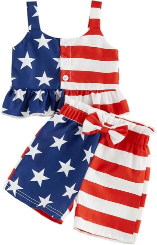 طقم شورت للفتيات الصغيرات من الرابع من يوليو بطبعة نجوم/مخطط بدون أكمام وحزام سباغيتي مكشكش وأزرار لأعلى in Kuwait