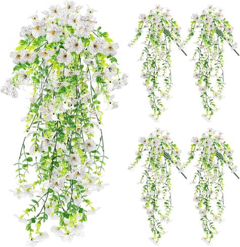 Artificial Hanging Flowers Fake Plants , 4PCS Silk Violets Faux Flowers with Eucalyptus Leaves, UV Resistant Realistic Daisy Vines for Garden Yard Wedding Hanging Basket Indoor Outdoor Decoration in Saudi Arabia