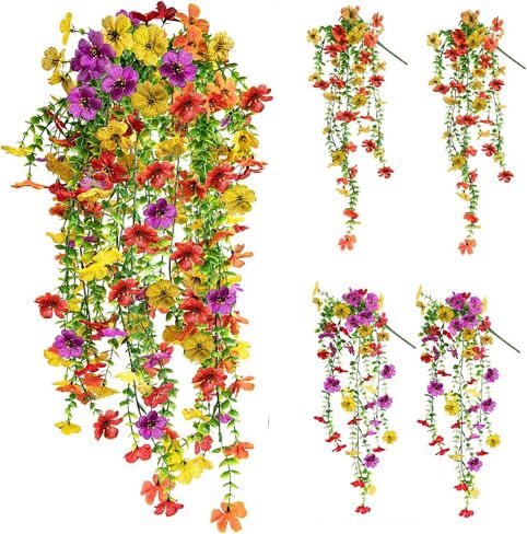 Artificial Hanging Flowers Fake Plants , 4PCS Silk Violets Faux Flowers with Eucalyptus Leaves, UV Resistant Realistic Daisy Vines for Garden Yard Wedding Hanging Basket Indoor Outdoor Decoration in Saudi Arabia