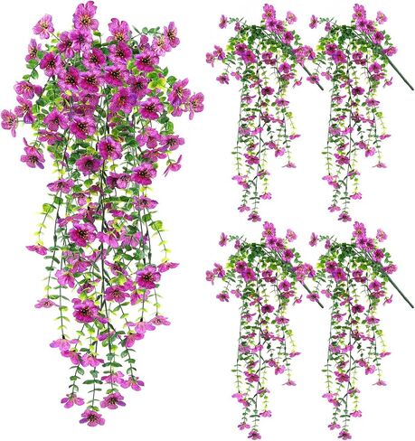 Artificial Hanging Flowers Fake Plants , 4PCS Silk Violets Faux Flowers with Eucalyptus Leaves, UV Resistant Realistic Daisy Vines for Garden Yard Wedding Hanging Basket Indoor Outdoor Decoration in Saudi Arabia