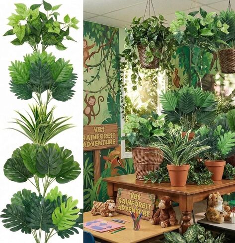 10 Pack Rainforest Artificial Tropical Leaves VBS 2026 Jungle Rainforest Decoration Faux Palm Monstera Leaves Fake Plants Indoo Greenery Craft Kit Backdrop for VBS Sunday School in Saudi Arabia