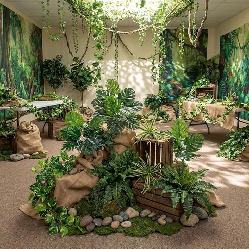 10 Pack Rainforest Artificial Tropical Leaves VBS 2026 Jungle Rainforest Decoration Faux Palm Monstera Leaves Fake Plants Indoo Greenery Craft Kit Backdrop for VBS Sunday School in Saudi Arabia